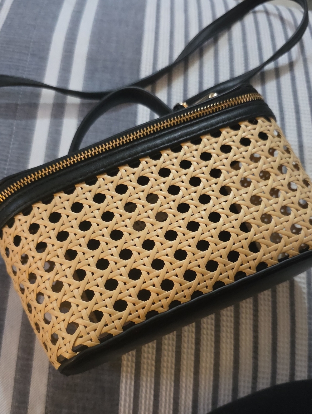 Woven Rattan Crossbody with Black Trim and Gold Zip